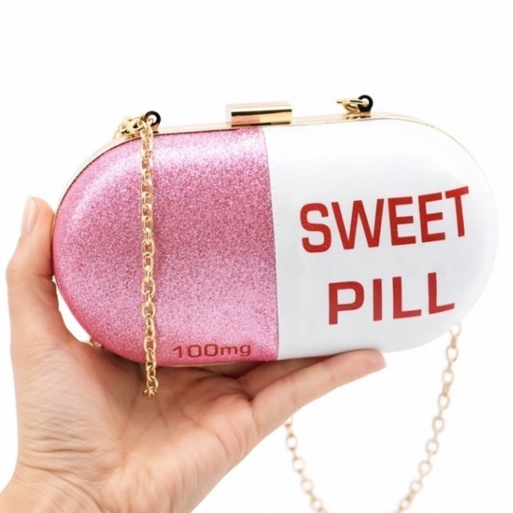 New Mezon Novelty Pill Clutch Womens Small Pink White Glitter Sweet Pill 100mg - Picture 2 of 4